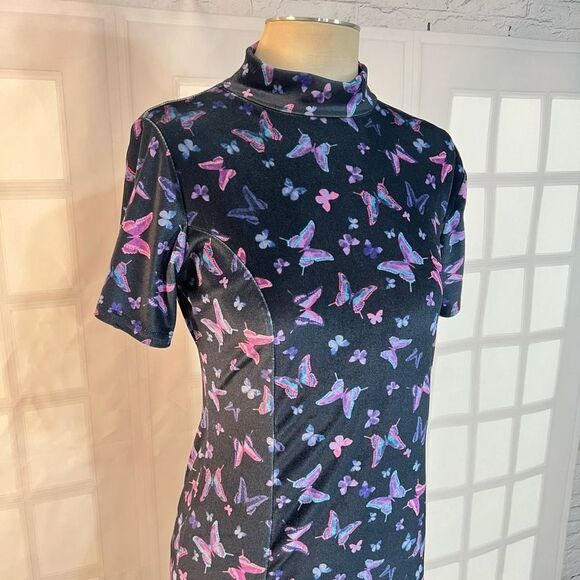 Rokoko velvet short sleeve mock neck velvet butterfly bodycon mini dress size 10 - Picture 2 of 9